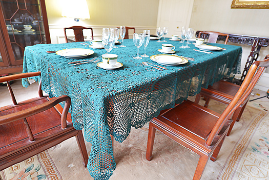 Festive Crochet Tablecloth. EveryGreen color. 72x140"